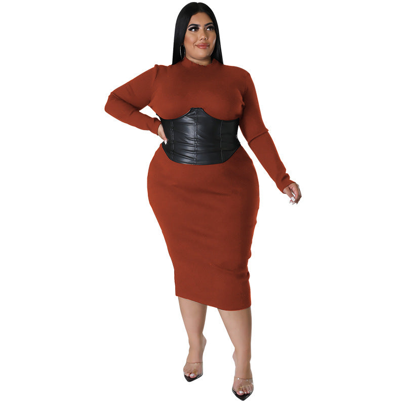 Fall Plus Size Women's Zipper Hit Leather Dress